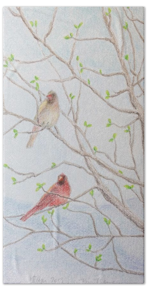 Framed Prints Bath Towel featuring the drawing A pair of cardinals on magnolia tree by Milly Tseng