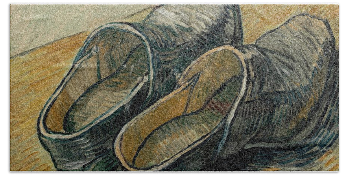Oil On Canvas Bath Towel featuring the painting A Pair of Leather Clogs. by Vincent van Gogh -1853-1890-
