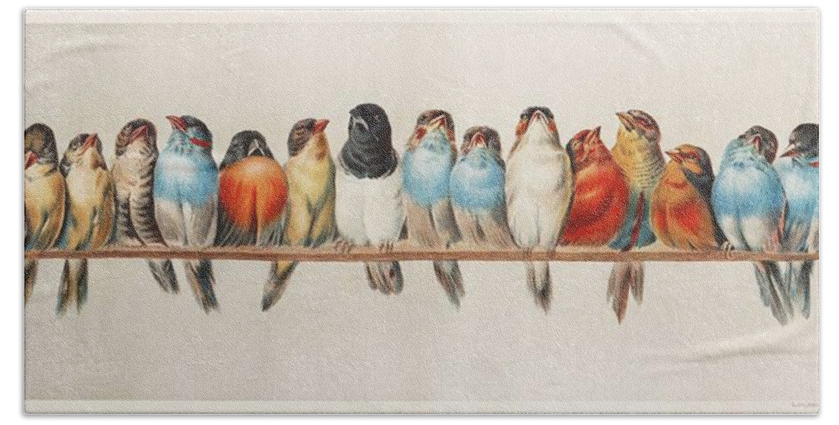 Nature Hand Towel featuring the painting A Perch of Birds 1880 by Hector Giacomelli 1822-1904 by Celestial Images