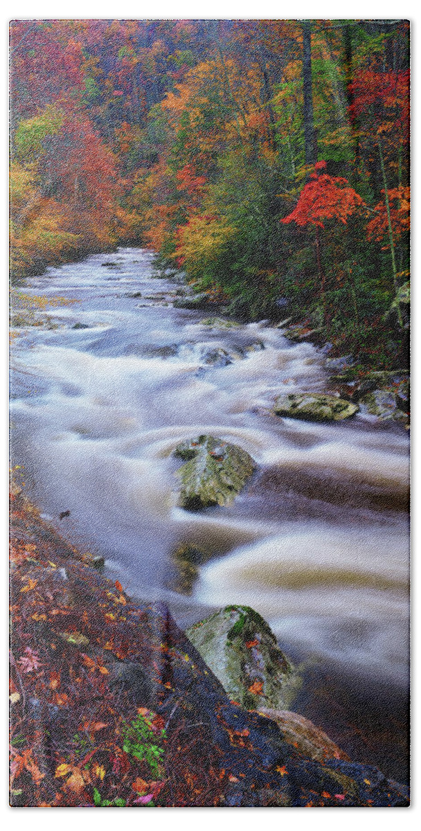 Great Smoky Mountains National Park Bath Towel featuring the photograph A River Runs Through Autumn by Greg Norrell