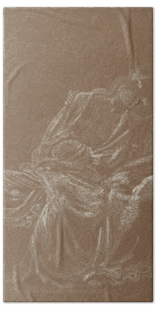 19th Century Art Bath Towel featuring the drawing A Seated Couple, Embracing by Edward Burne-Jones