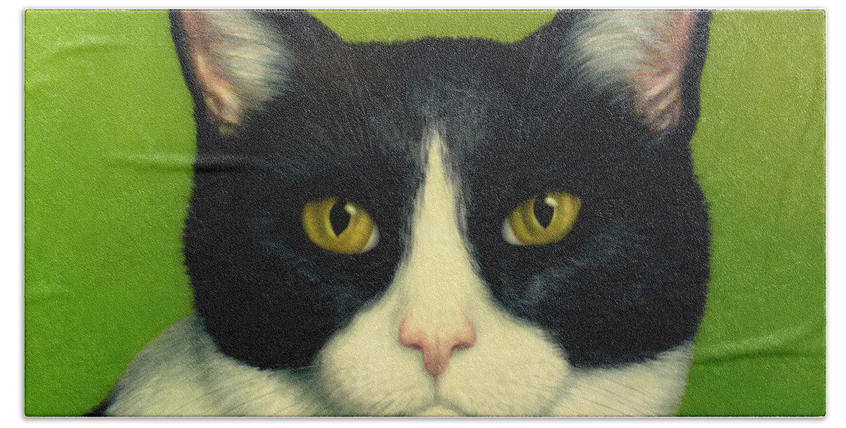 Serious Hand Towel featuring the painting A Serious Cat by James W Johnson