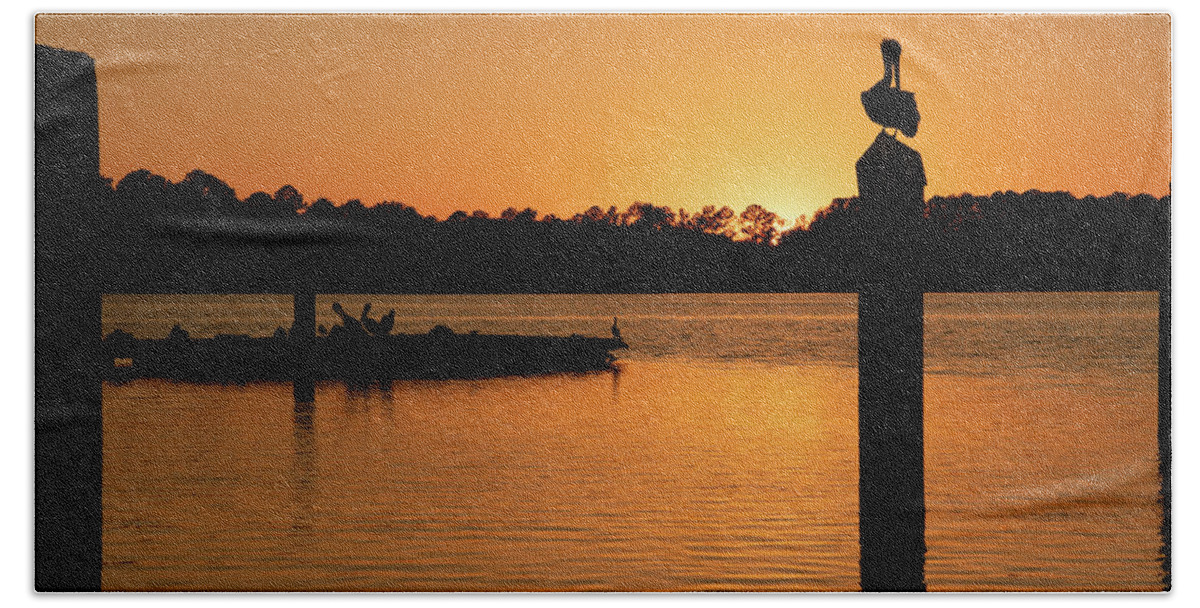 Sunset Hand Towel featuring the photograph A Sunset For The Birds at Skull Creek Marina by Dennis Schmidt