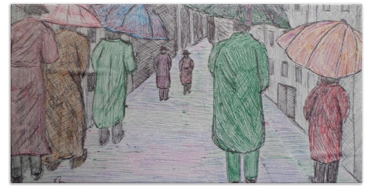 Walk Hand Towel featuring the drawing A Walk in the Rain by Christy Saunders Church