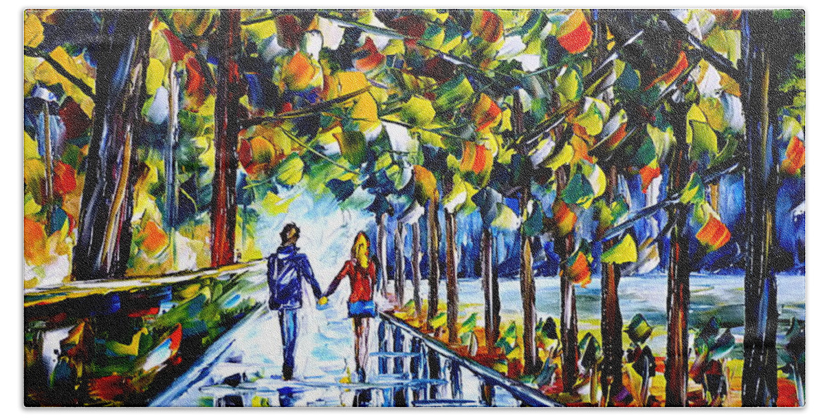Love Couple Holding Hands Bath Towel featuring the painting A Walk In The Tiergarten, Berlin by Mirek Kuzniar