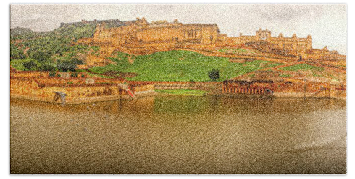 Amer Fort Hand Towel featuring the photograph A wide panoramic view of Amer Fort - India by Stefano Senise