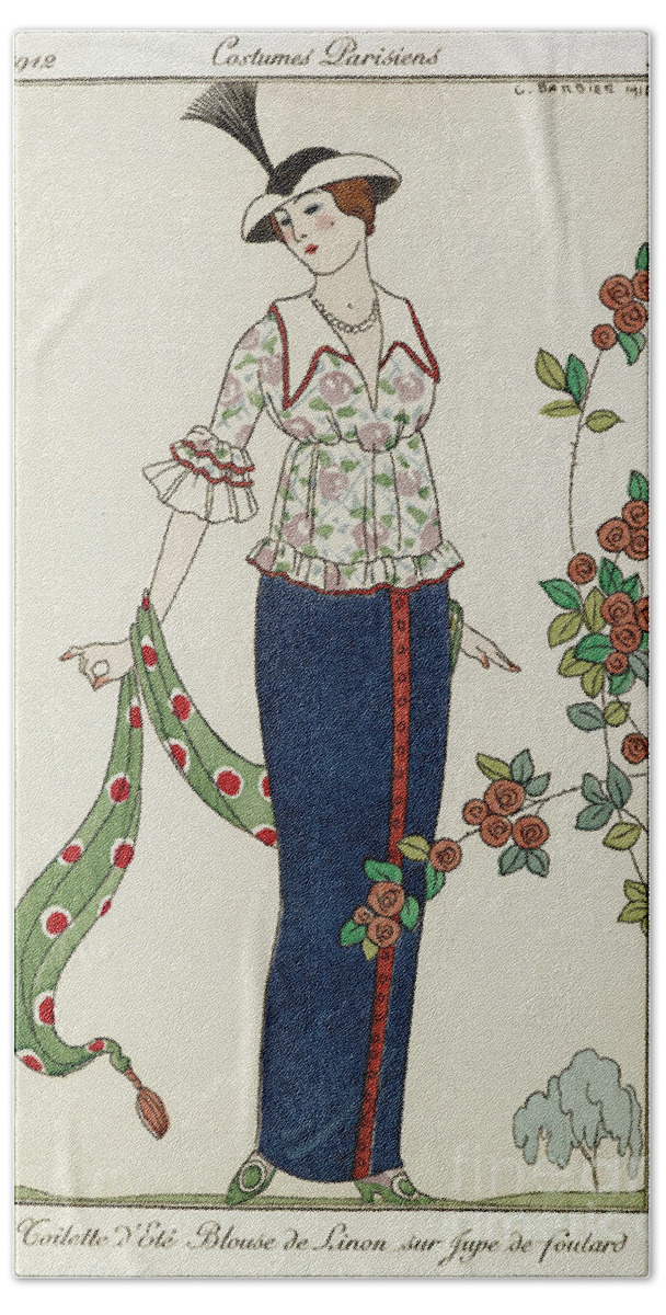 Barbier Bath Towel featuring the painting A Woman Wearing A Summer Blouse And Skirt She Holds A Green Scarf She Wears A Hat With A Feather by Georges Barbier
