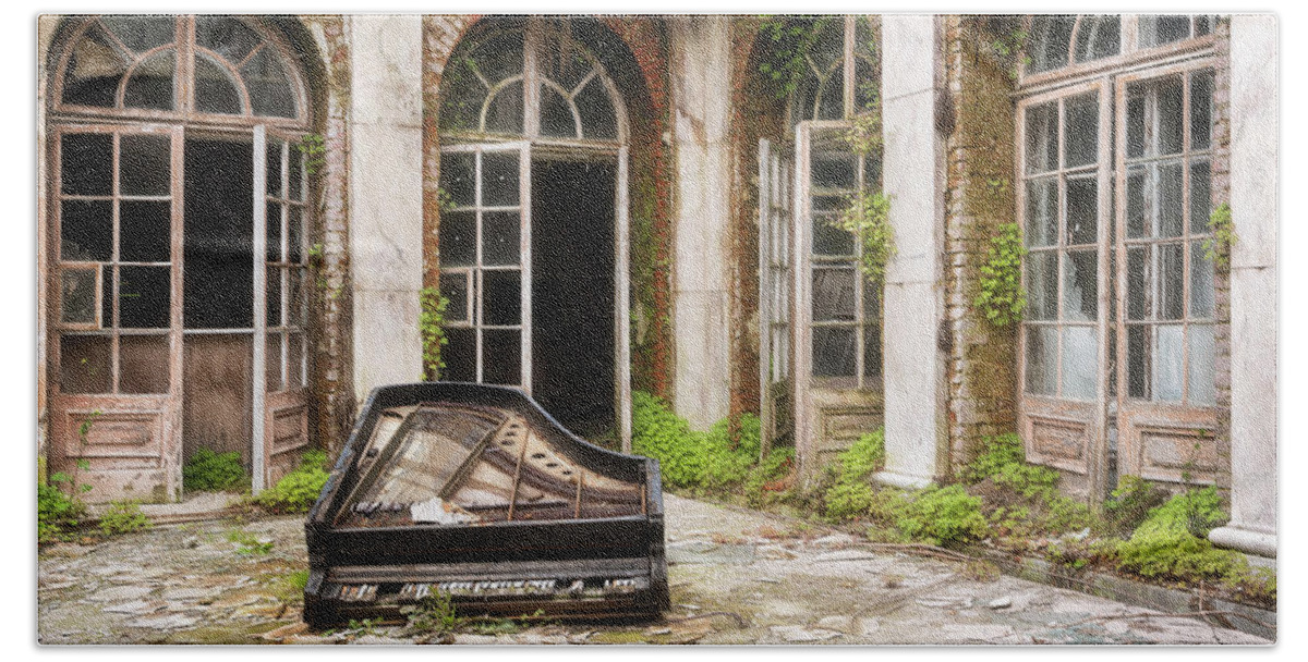 Urban Bath Towel featuring the photograph Abandoned Palace with Piano by Roman Robroek