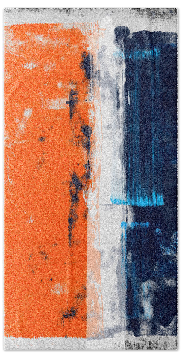 Abstract Hand Towel featuring the painting Abstract Orange and Blue Study by Naxart Studio
