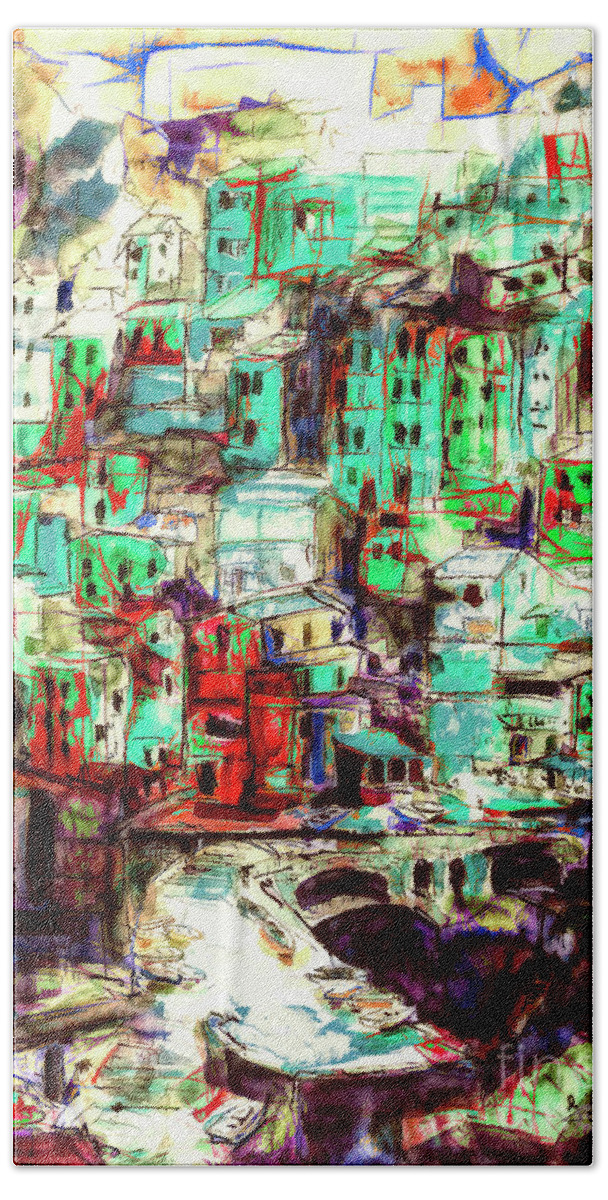Abstract Art Hand Towel featuring the mixed media Abstract Riomaggiore Cinque Terre Art by Ginette Callaway