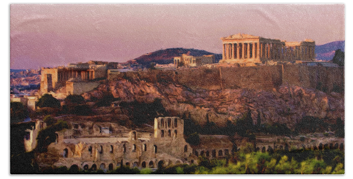 Troy Caperton Bath Towel featuring the painting Acropolis at Twilight by Troy Caperton