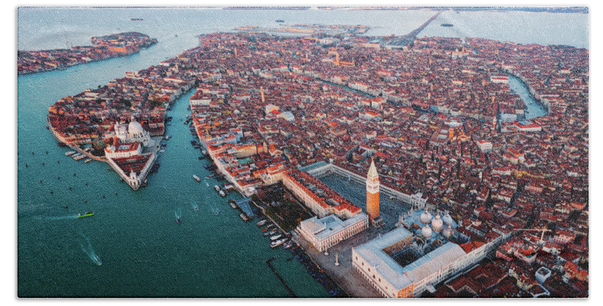 Venice Bath Towel featuring the photograph Aerial view of Venice at sunset, Italy by Matteo Colombo