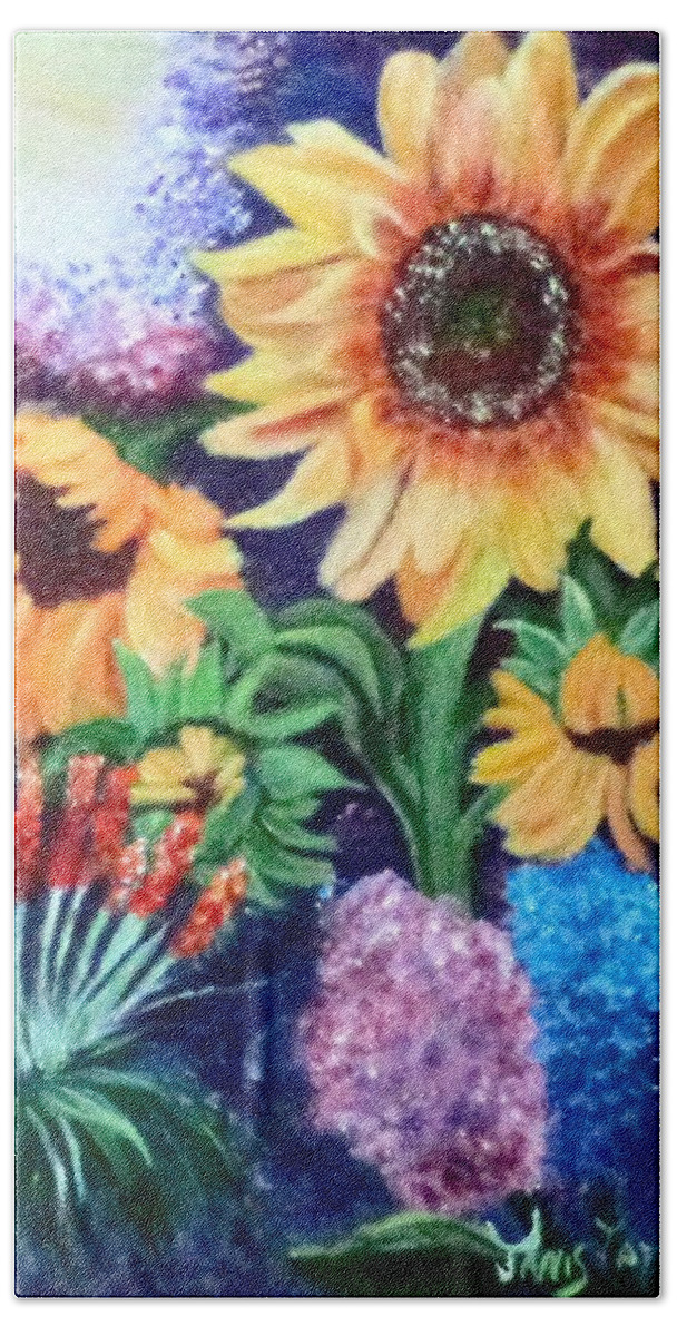 Sunflowers Hand Towel featuring the painting Affair With the Sun in Colorado by Janis Tafoya