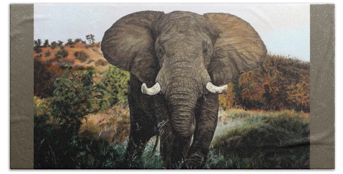Elephant Bath Towel featuring the painting African Elephant by Linda Becker