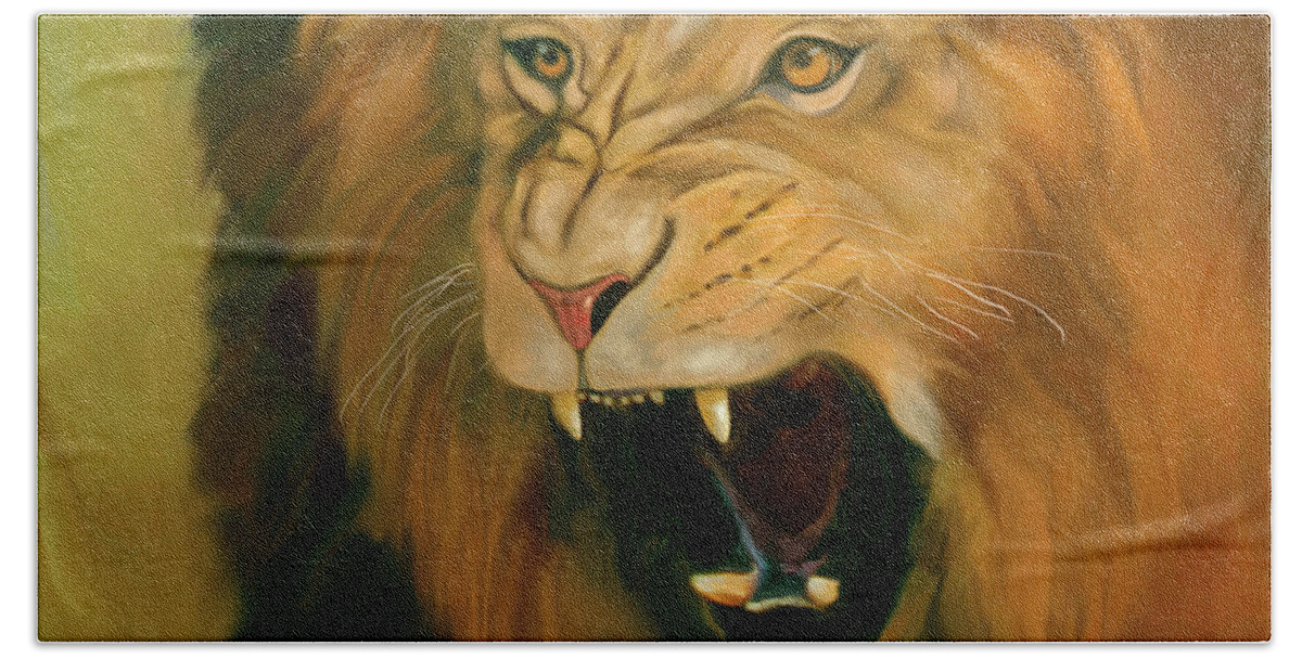 African Lion Bath Towel featuring the digital art African Lion Ferocity by Mark Miller