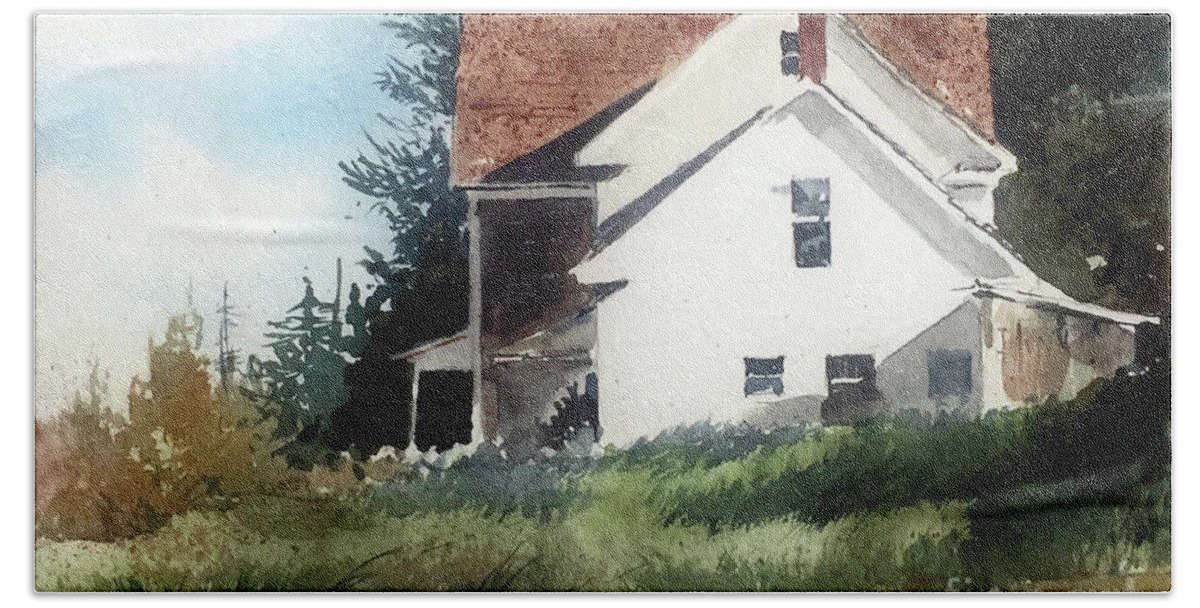 A Two-story House Glows In The Sunshine Of A Summer Afternoon. Bath Towel featuring the painting Afternoon Sunshine by Monte Toon