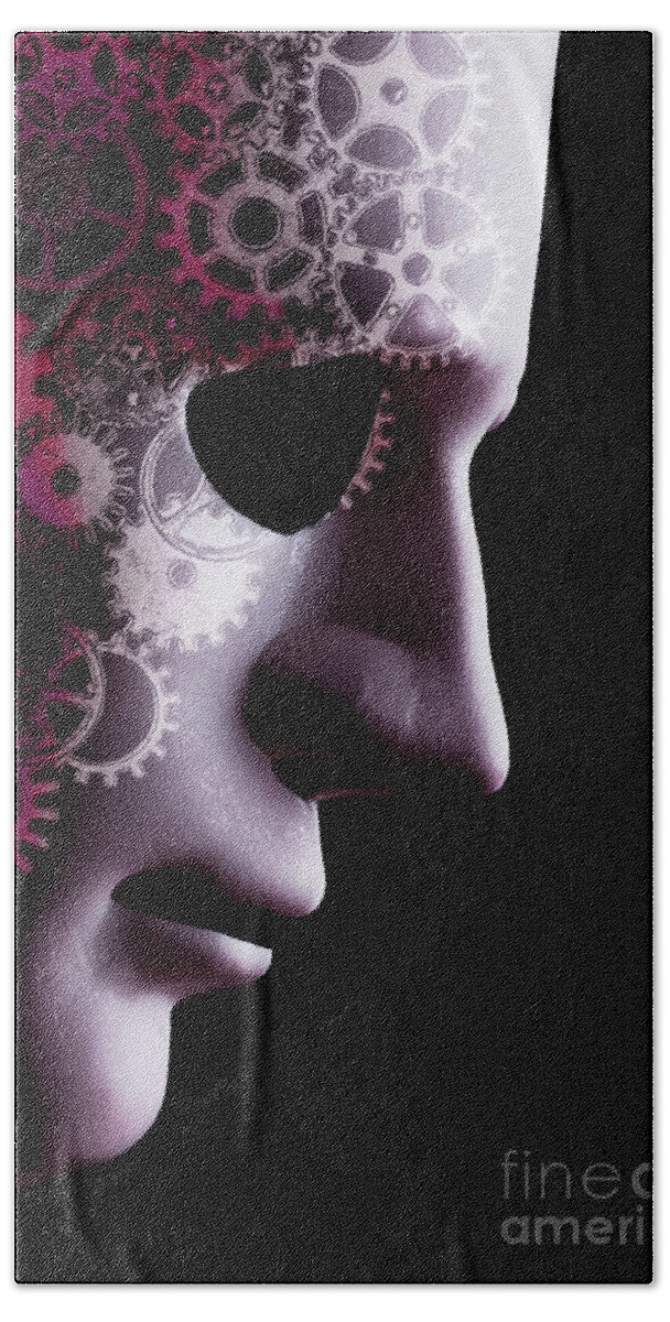 Mask Bath Towel featuring the photograph A.I. robotic face close up with cogs by Simon Bratt