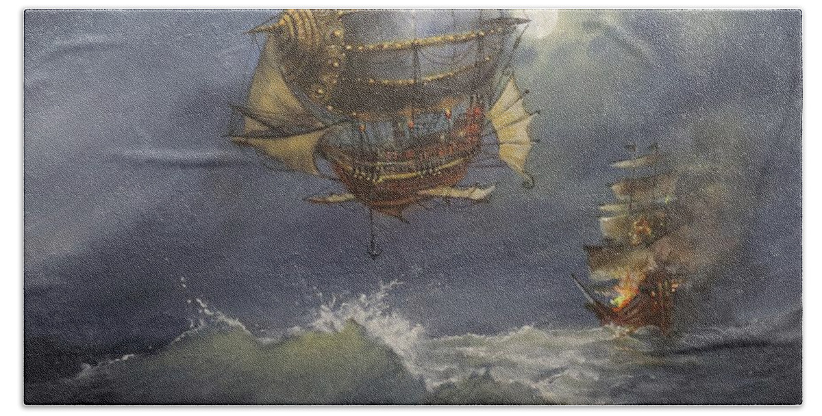 Airship Hand Towel featuring the painting Airship Attack by Tom Shropshire