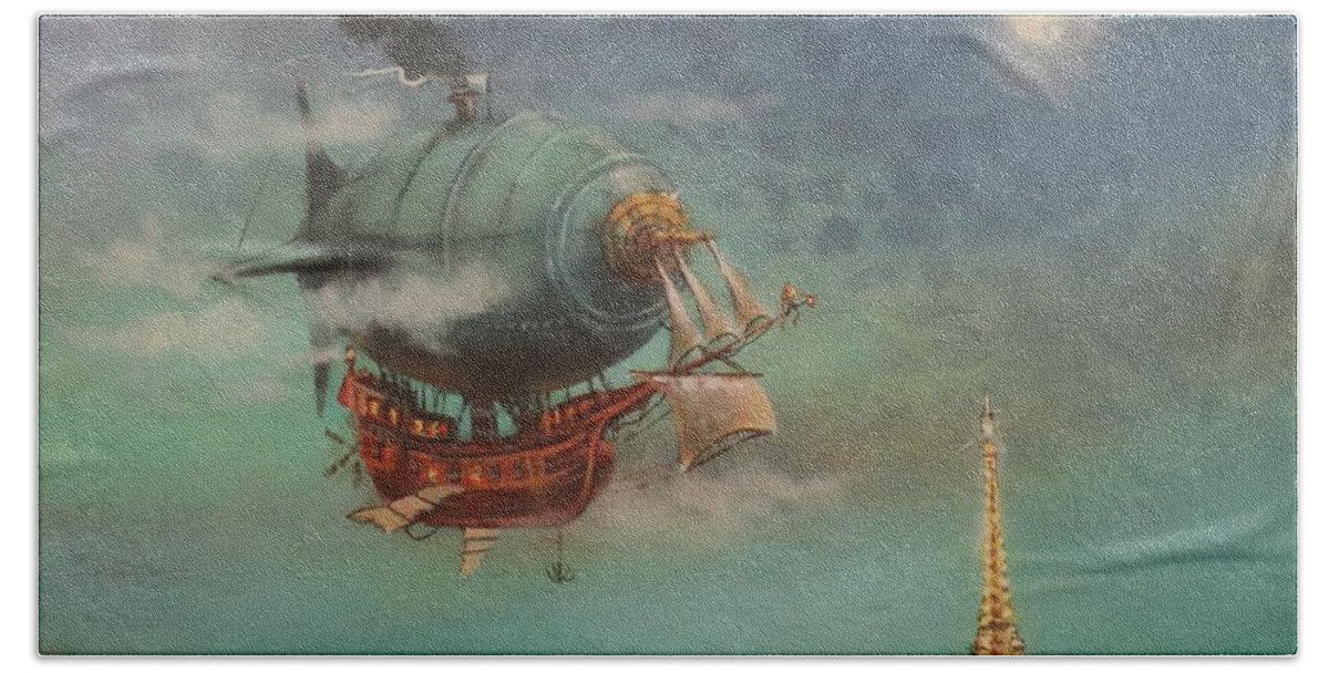 Steampunk Airship Hand Towel featuring the painting Airship Over Paris by Tom Shropshire