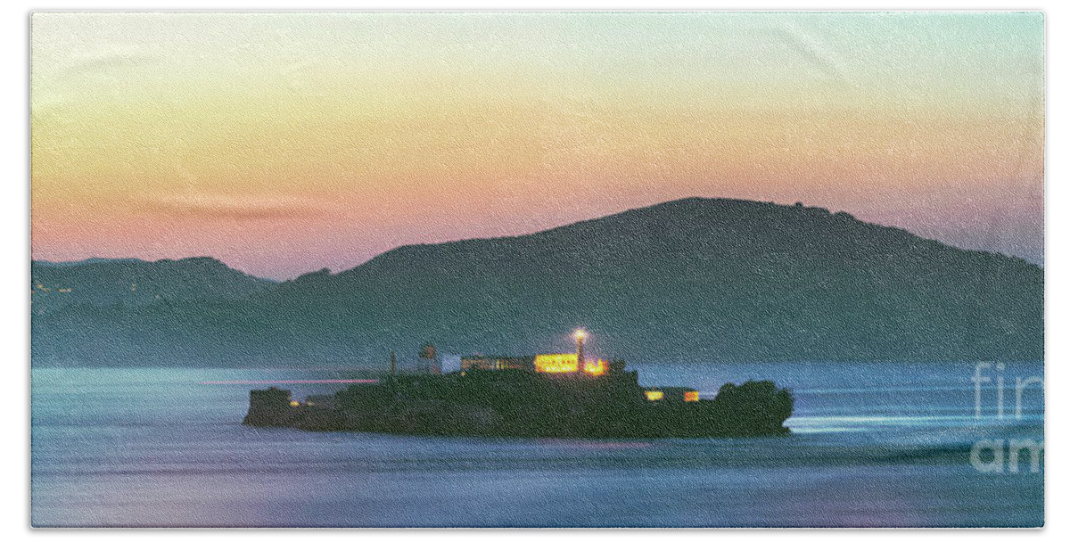 Alcatraz Hand Towel featuring the photograph Alcatraz island in the bay at sunset, San Francisco, USA by Matteo Colombo