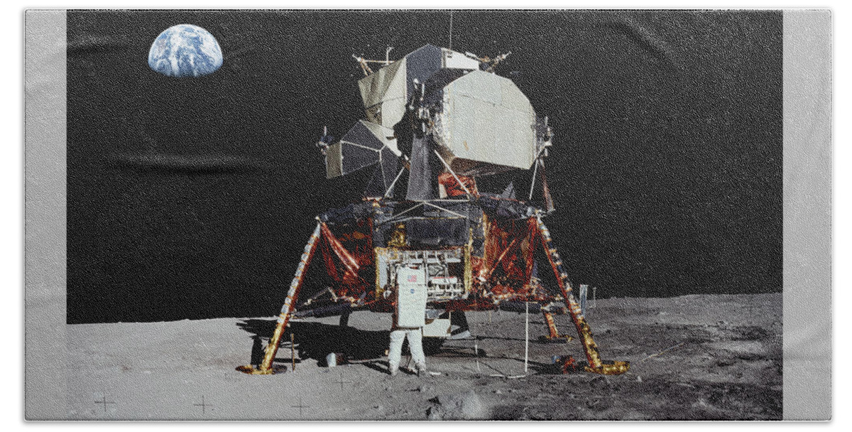 Aldrin Hand Towel featuring the photograph Aldrin and Apollo 11 Lunar Module Eagle panorama by Weston Westmoreland