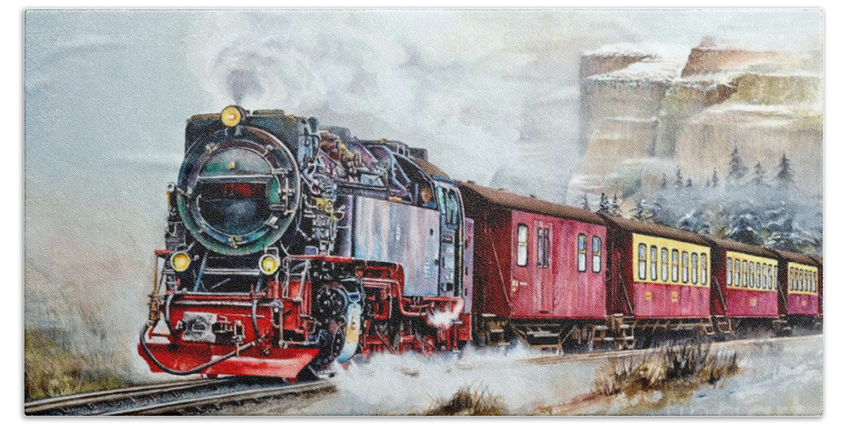 Train Bath Towel featuring the painting All Aboard by Jeanette Ferguson