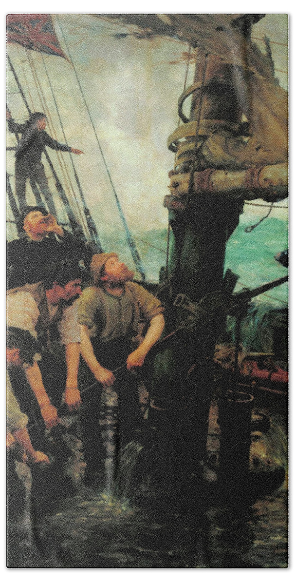 Henry Scott Tuke Bath Towel featuring the painting All Hands to the Pumps by Henry Scott Tuke