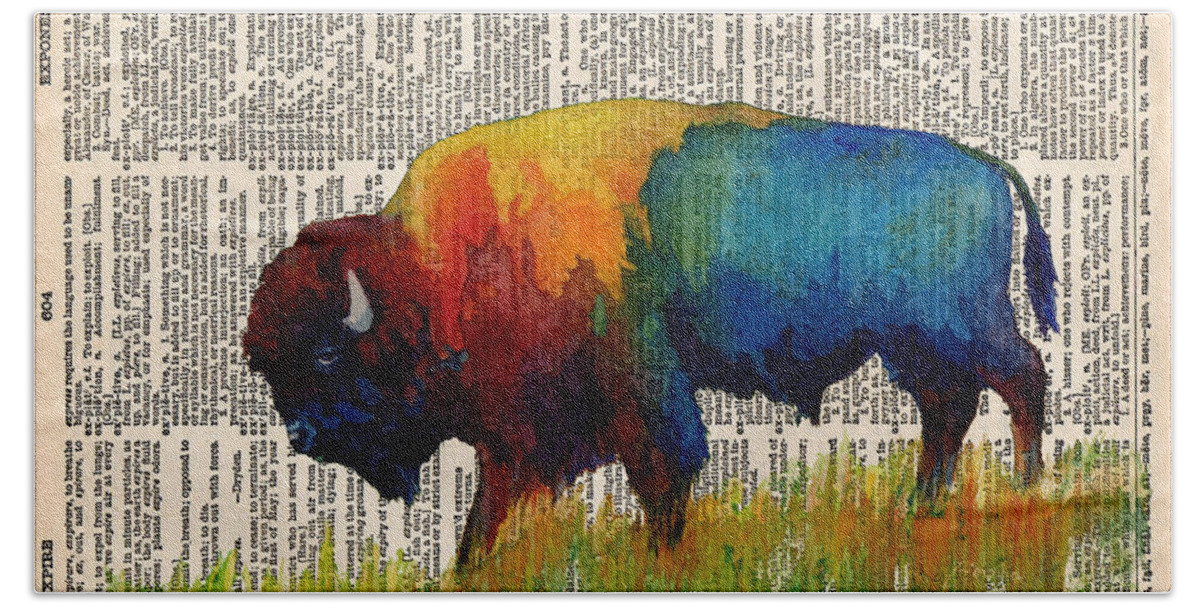 Bison Hand Towel featuring the painting American Buffalo III on Vintage Dictionary by Hailey E Herrera