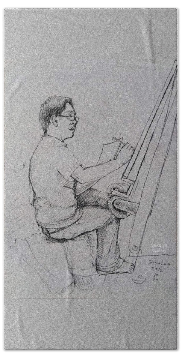 Artist Bath Towel featuring the drawing An Artist With the Chinese Brush by Sukalya Chearanantana