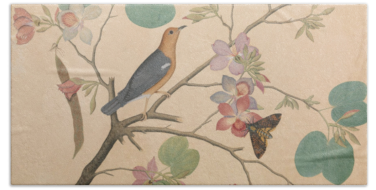 Orchid Bath Towel featuring the painting An Orange Headed Ground Thrush and a Deaths Head Moth on a Purple Ebony Orchid Branch, 1788 by Sheikh Zainuddin