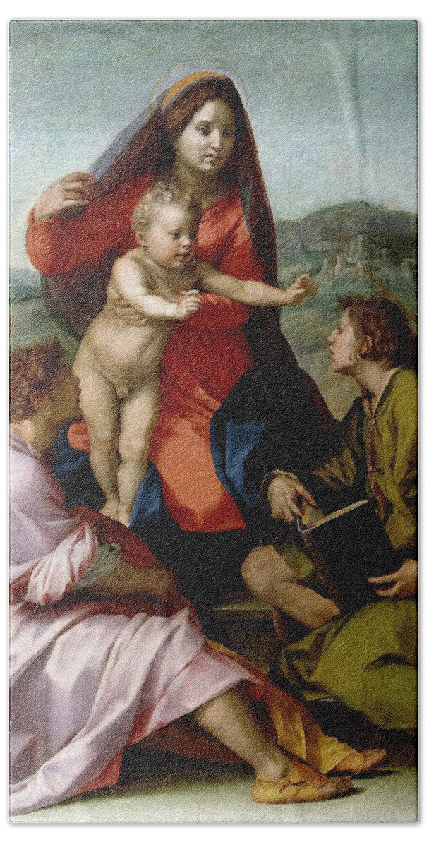 Andrea Del Sarto Hand Towel featuring the painting Andrea del Sarto / 'The Virgin and Child between Saint Matthew and an Angel', 1522, Italian School. by Andrea del Sarto -1486-1530-