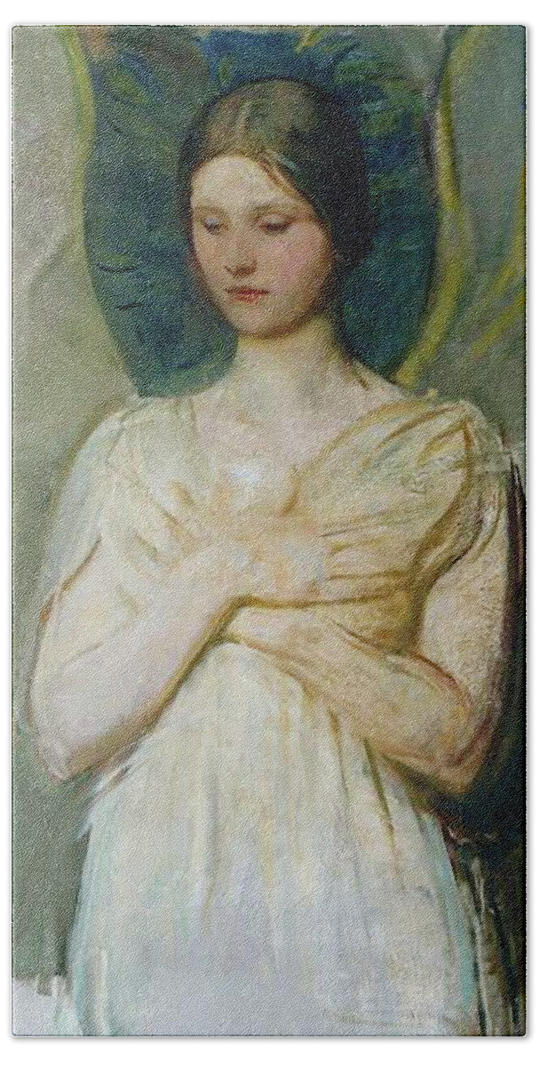 Angels Hand Towel featuring the mixed media Angel in Adoration 110 by Abbott Handerson Thayer