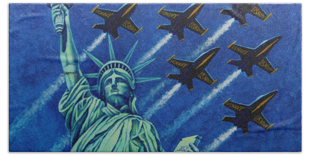Statue Of Liberty Hand Towel featuring the painting Angels Protecting Liberty by Michael Frank