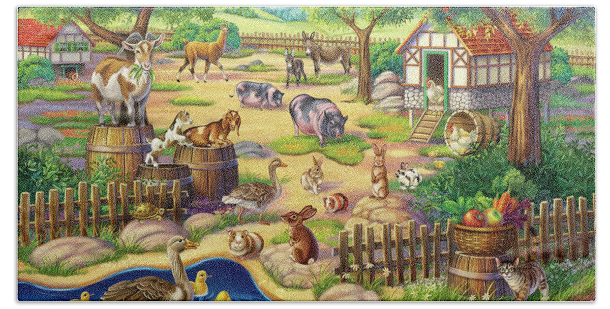 Zoo Hand Towel featuring the mixed media Animals at the Petting Zoo by Anne Wertheim