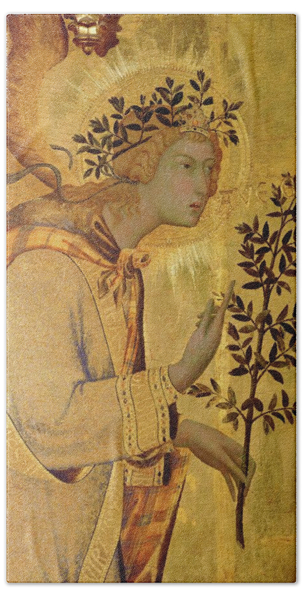 Archangel Gabriel Bath Towel featuring the painting Annunciation. Detail the Angel of the Annunciation. by Simone Martini -c 1284-1344-
