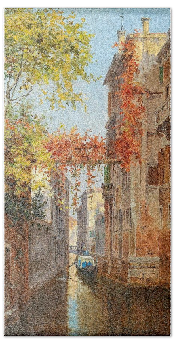 Nature Hand Towel featuring the painting Antonietta Brandeis Myslkovice 1849-1910 Venice A canal in Venice with a view of Palazzo Albrizzi by Antonietta Brandeis