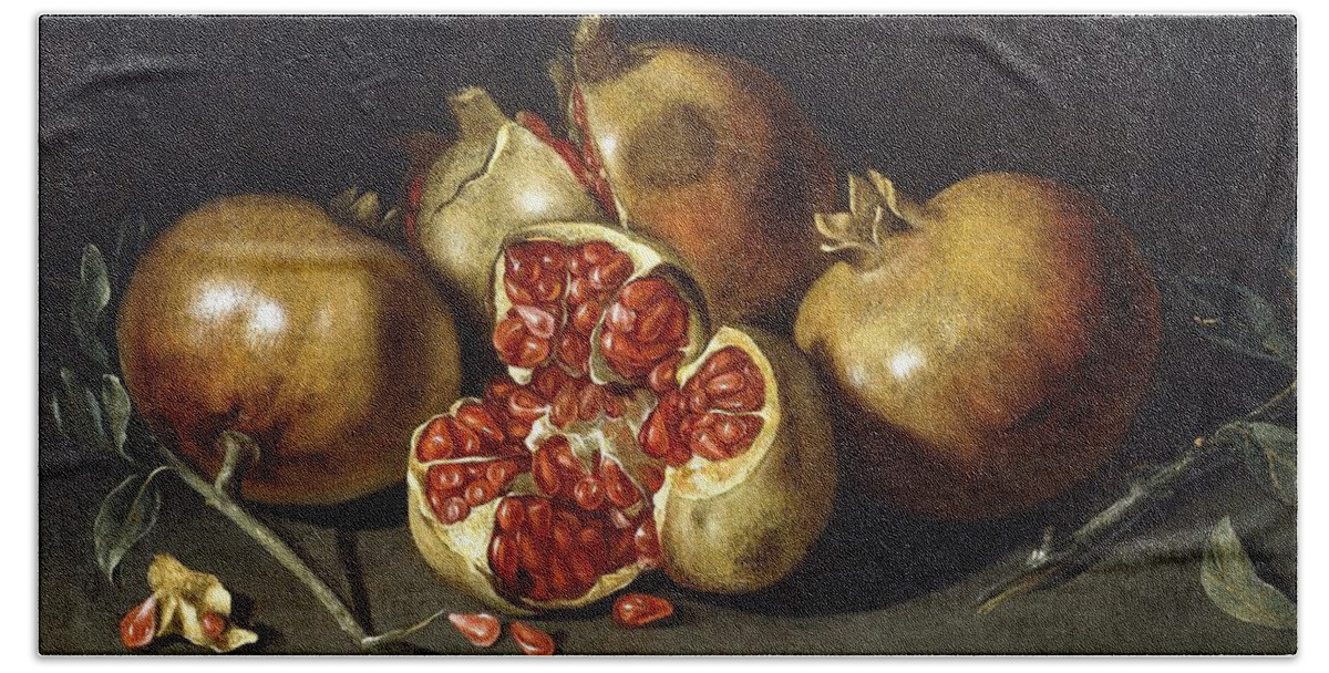 Antonio Ponce Hand Towel featuring the painting Antonio Ponce / 'Pomegranates', Middle 17th century, Spanish School. by Antonio Ponce -c 1608-c 1677-