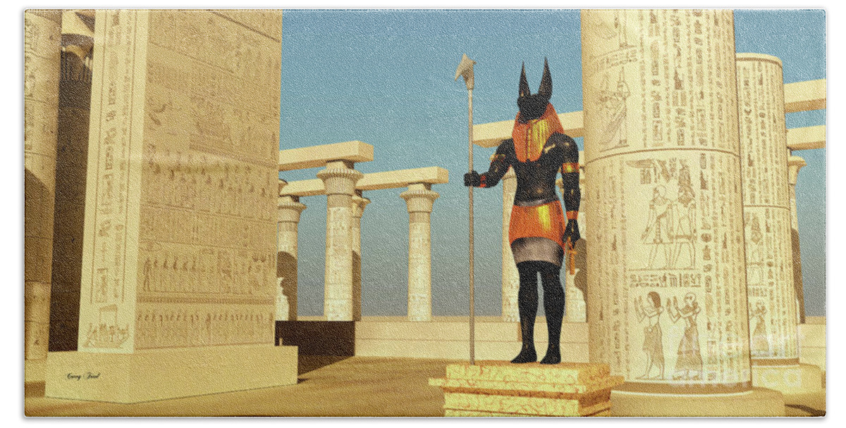 Anubis Bath Towel featuring the digital art Anubis Statue in Temple by Corey Ford