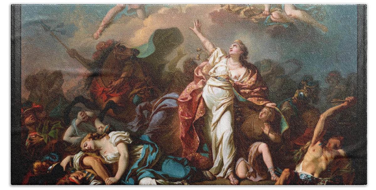 Apollo And Diana Hand Towel featuring the painting Apollo and Diana Attacking the Children of Niobe by Jacques- Louis David by Rolando Burbon