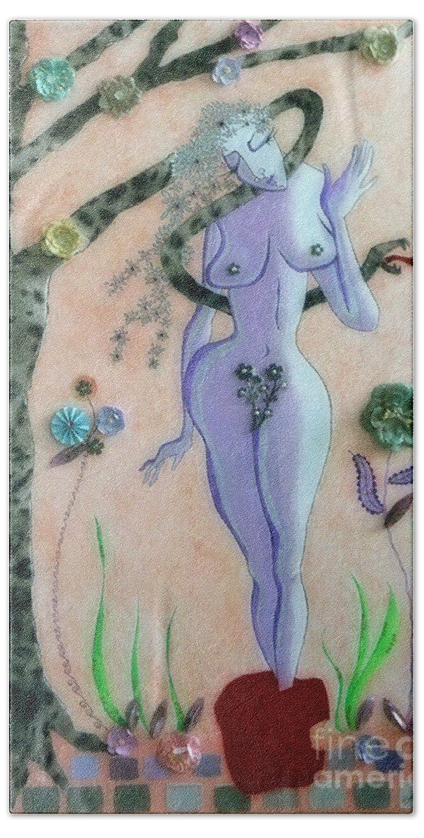 Eve Hand Towel featuring the mixed media Apple, Snake, Woman -- Eve in Garden of Eden, #4 in Famous Flirts Series by Jayne Somogy