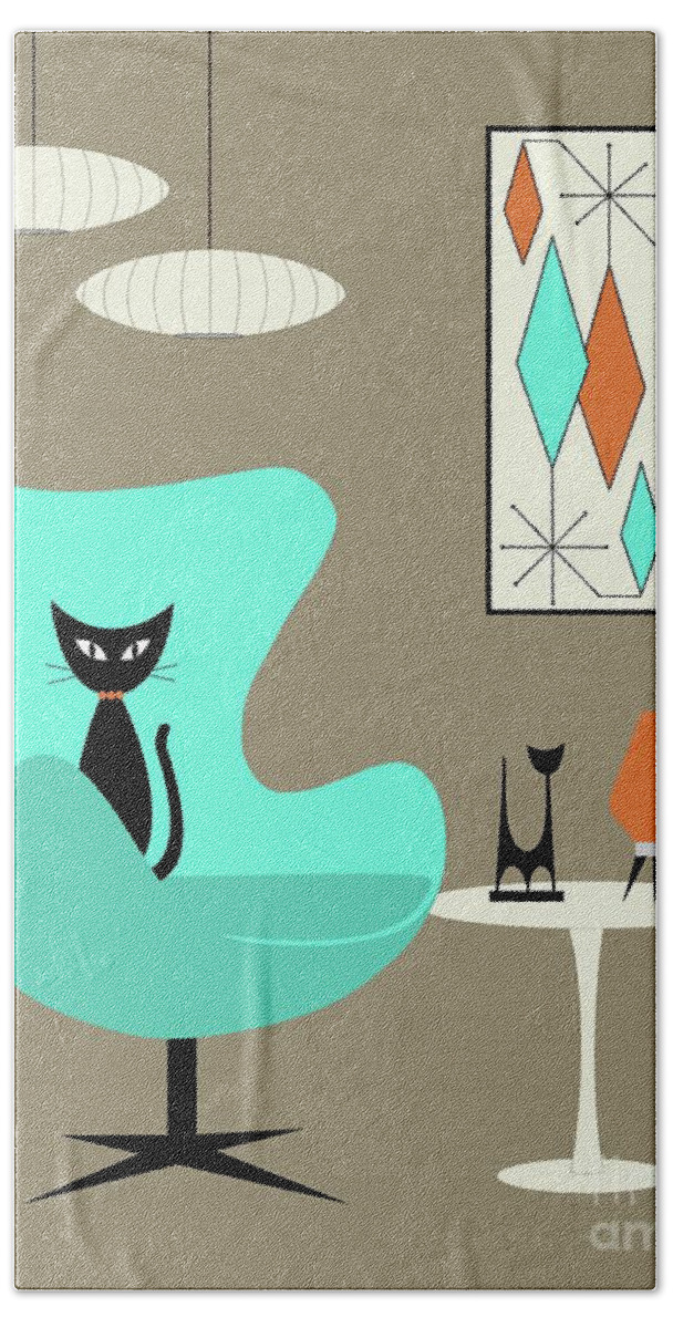 Mid Century Modern Bath Towel featuring the digital art Aqua Egg Chair with Orange Beehive Lamp by Donna Mibus