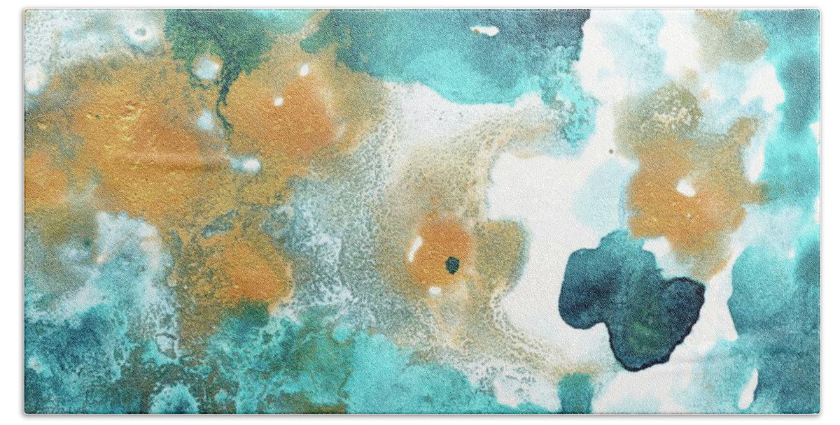 Ink Hand Towel featuring the painting Aqua Teal Gold Abstract Painting #2 #ink #decor #art by Anitas and Bellas Art