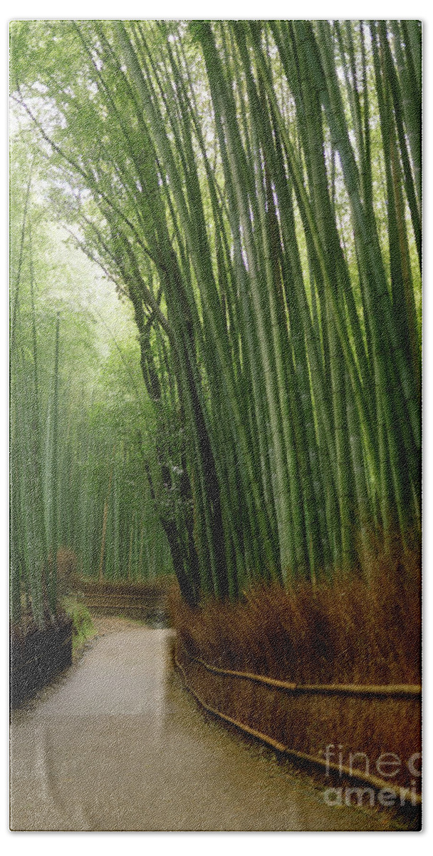 Arashiyama Hand Towel featuring the photograph Arashiyama bamboo forest artistic tranquil scenery by Awen Fine Art Prints