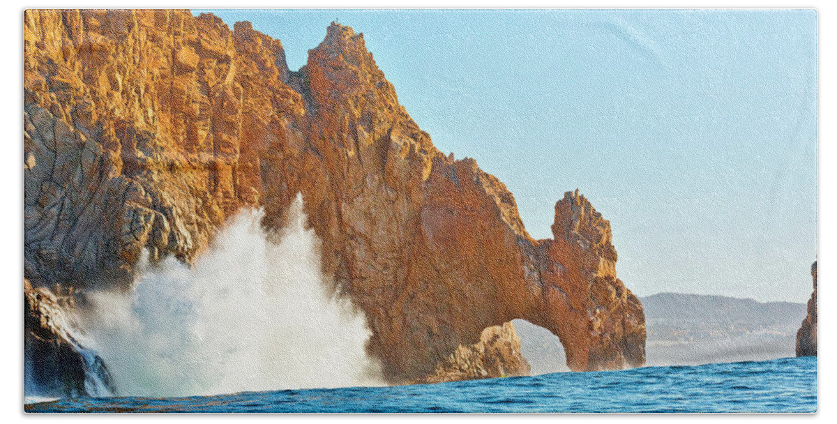 Estock Bath Towel featuring the digital art Arch & Waves, Cabo San Lucas, Mexico by Pietro Canali