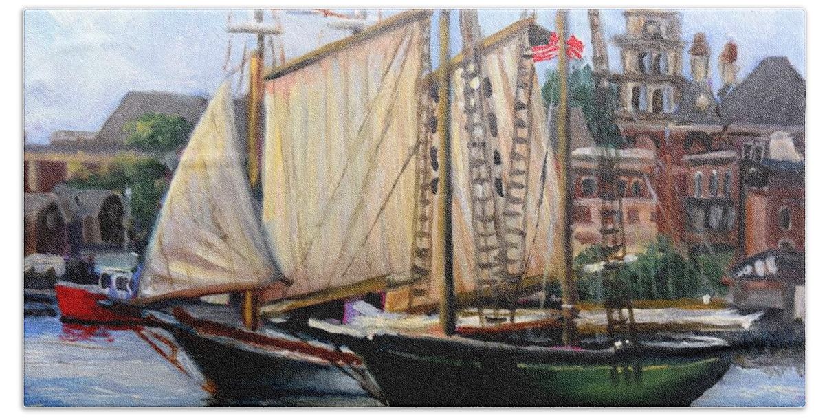 Gloucester Hand Towel featuring the painting Ardelle and Lannon, Gloucester Harbor by Eileen Patten Oliver