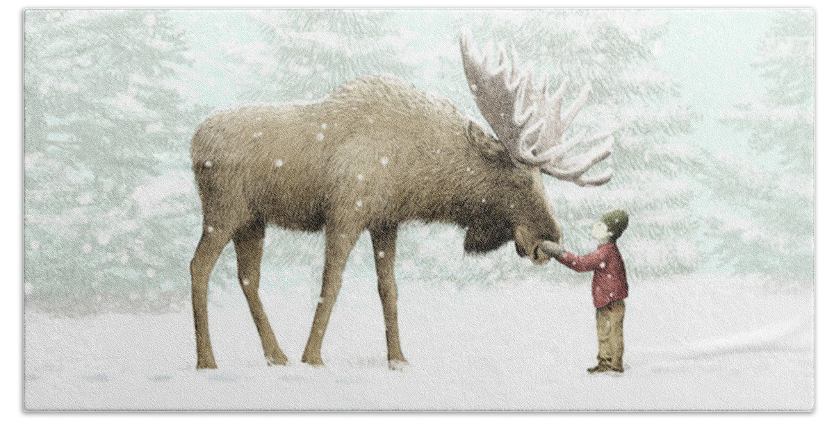 Moose Bath Sheet featuring the drawing Winter Moose by Eric Fan