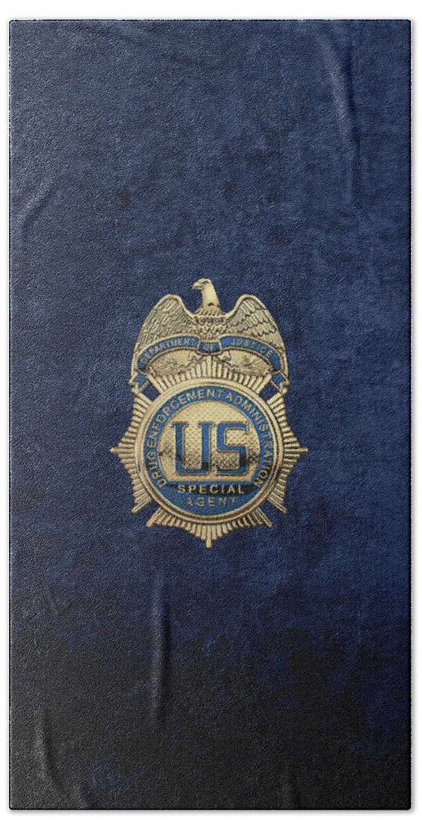  ‘law Enforcement Insignia & Heraldry’ Collection By Serge Averbukh Bath Towel featuring the digital art Drug Enforcement Administration - D E A Special Agent Badge over Blue Velvet by Serge Averbukh