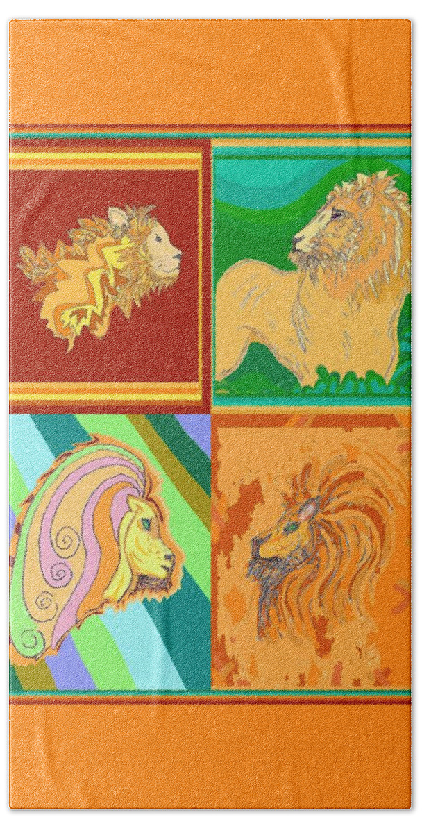 Lion Bath Towel featuring the drawing 4 Lions by Julia Woodman