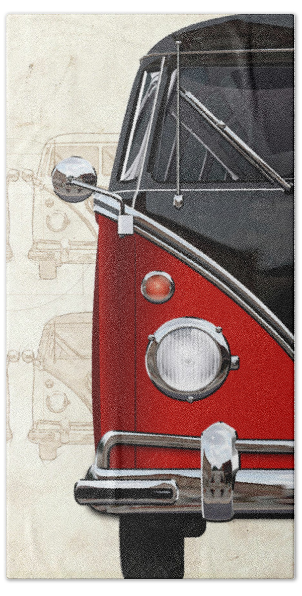 ‘volkswagen Type 2’ Collection By Serge Averbukh Bath Towel featuring the digital art Volkswagen Type 2 - Red and Black Volkswagen T1 Samba Bus over Vintage Sketch by Serge Averbukh