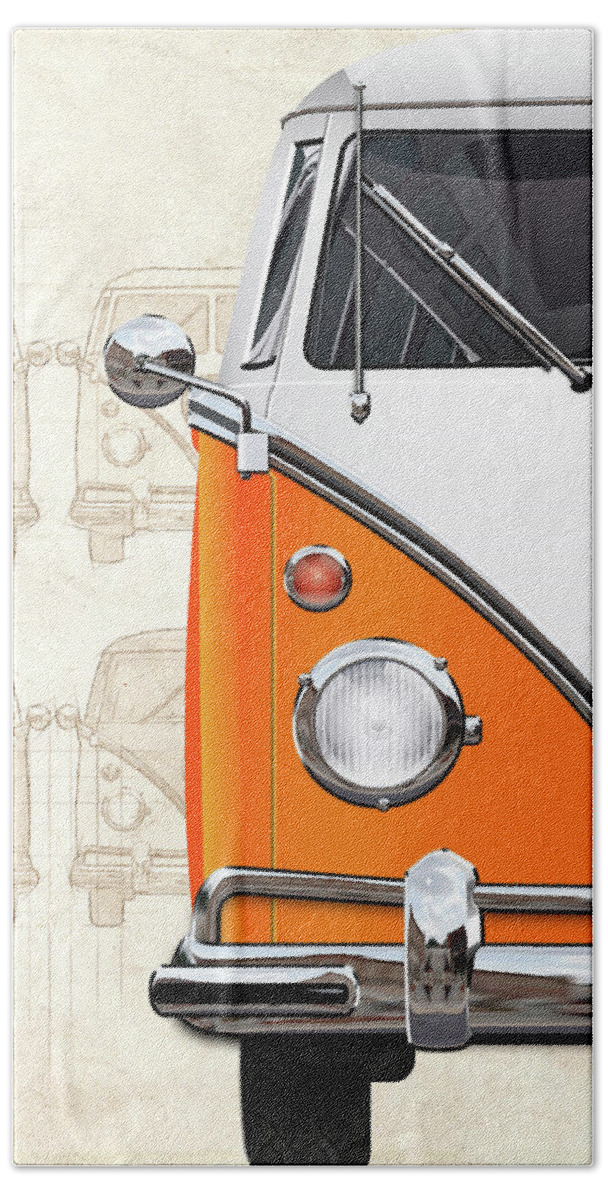 ‘volkswagen Type 2’ Collection By Serge Averbukh Bath Towel featuring the digital art Volkswagen Type - Orange and White Volkswagen T1 Samba Bus over Vintage Sketch by Serge Averbukh